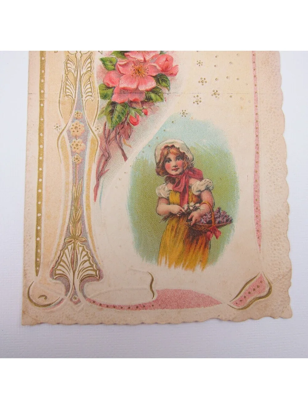 Valentine Card Girl Bonnet Yellow Dress Flowers Embossed Die cut Bifold Antique